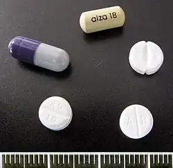 Clockwise from top: Concerta 18 mg, Medikinet 5 mg, Methylphenidate TAD 10 mg, Ritalin 10 mg, Medikinet XL 40 mg