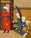 Angled harp on a Persian miniature, Bukhara, Uzbekistan, 1523–1524.