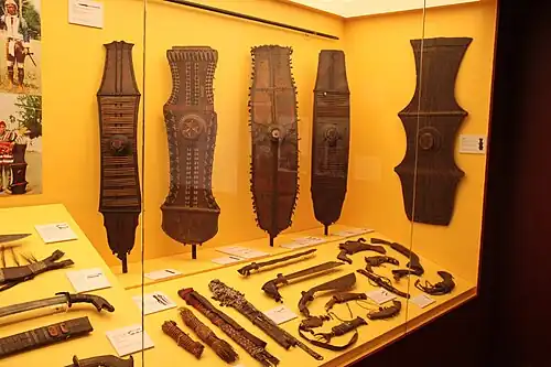 A number of wooden shields