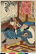 "The swordsman Miyamoto Musashi, armed with two wooden swords, sparring with the old master Tsukahara Bokuden, who defends himself using two wooden pot-lids" by Utagawa Kuniyoshi, c. 1845-46