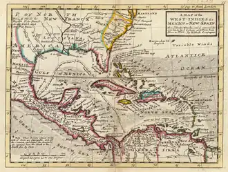 Image 30A 1736 colonial map by Herman Moll of the West Indies and Mexico, together comprising "New Spain", with Cuba visible in the center. (from History of Cuba)