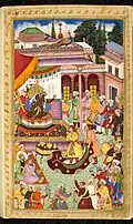 Muhammad Husain Mirza brought before Babur and laughing courtiers in the bedroll in which he tried to hide (1507)