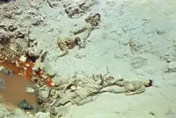The bodies of Asian soldiers wearing khaki and webbing lie dead in a bomb crater filled with water which is coloured red.