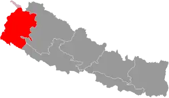 Location of Sudurpashchim Province (claimed Kalapani territory in light red)