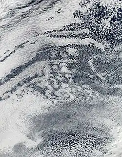 Open and closed-cell clouds over the Pacific Ocean.