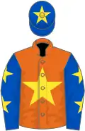 Orange, yellow star, royal blue sleeves, yellow stars, royal blue cap, yellow star