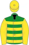 Green, yellow hoops, sleeves and cap
