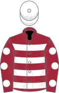 Maroon, white hoops, maroon sleeves, white spots, white cap