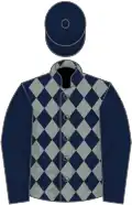 Dark blue and grey diamonds, dark blue sleeves and cap