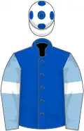 Royal blue, light blue sleeves, white armlets, white cap, royal blue spots