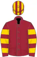 Maroon, yellow hooped sleeves, striped cap