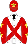 White, red cross belts, red sleeves, yellow stars, red cap, yellow star
