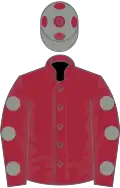 Maroon, grey spots on sleeves, grey cap, maroon spots