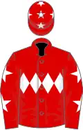 Red, white triple diamond, white stars on sleeves, red cap, white stars