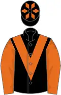 Black, orange chevron, sleeves and diamonds on cap