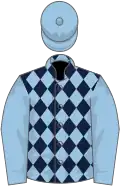 Dark blue and light blue diamonds, light blue sleeves and cap