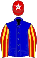 Blue, red and yellow striped sleeves, red cap, white star