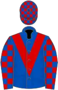 Royal blue, red chevron, checked sleeves and cap