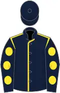 Dark blue, yellow seams, dark blue sleeves, yellow spots, dark blue cap