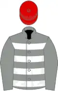 Grey, white hoops, grey sleeves, red cap