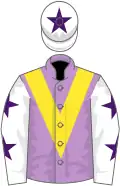 Mauve, gold chevron, white sleeves, purple stars, white cap, purple star