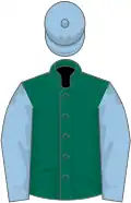 Dark green, light blue sleeves and cap