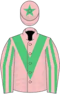 Pink, emerald green chevron, striped sleeves, pink cap, emerald green star