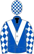 Royal blue, white chevron, diamonds on sleeves, check cap