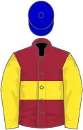 Maroon, yellow hoop and sleeves, blue cap