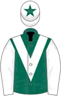 Dark green, white chevron and sleeves, white cap, black star