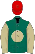 Dark green, beige disc and sleeves, red cap