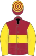Maroon, yellow hoop and sleeves, hooped cap