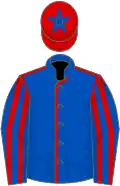 Royal blue, red seams, red and royal blue striped sleeves, red cap, royal blue star