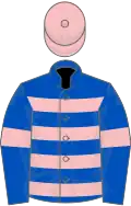Royal blue, pink hoops, armlets and cap