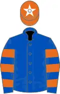 ROYAL BLUE, orange hooped sleeves, orange cap, white star