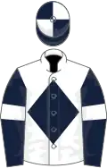 WHITE, dark blue diamond and sleeves, white armlet, qtd cap