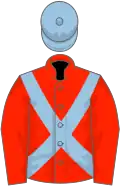Scarlet, light blue cross belts and cap