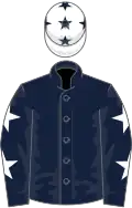 Dark blue, white stars on sleeves, white cap, dark blue stars