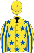 Yellow, royal blue stars, striped sleeves, yellow cap