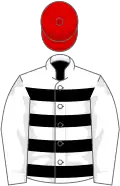 White and black hoops, white sleeves, red cap