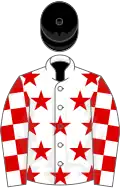White, red stars, checked sleeves, black cap