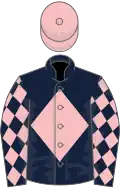 Dark blue, pink diamond, diamonds on sleeves, pink cap