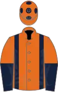 Orange, dark blue braces, halved sleeves, dark blue spots on cap