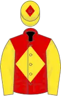 Red, yellow diamond, yellow sleeves, yellow cap, red diamond