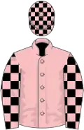 Pink, black checked sleeves, checked cap