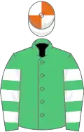 EMERALD GREEN, white hooped slvs., white and orange qtd. cap