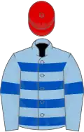 Light blue, royal blue hoops and armlets, red cap