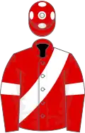 Red, white sash, armlets and spots on cap