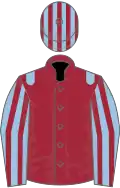 Maroon, light blue epaulets, light blue and maroon striped sleeves and cap