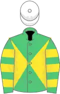 Emerald green and yellow diabolo, hooped sleeves, white cap